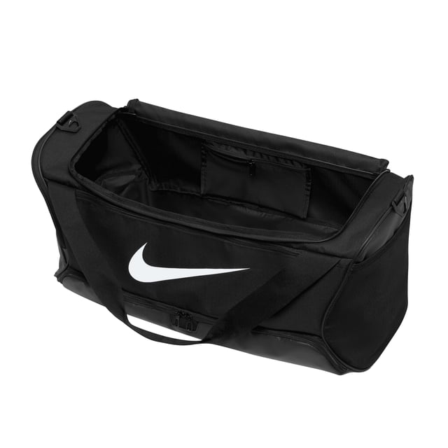 100% Polyester. Fabric: Fibre. Height: 25cm. Width: 12cm. Depth: 12cm. Adjustable Shoulder Strap, Coated Base, D-Ring, Detachable Strap, Dual Carry Strap, Touch Fastening Hand Support. Fastening: Two Way Zip. Design: Swoosh. Compartments: 1 Main Compartment, Zipped. Pockets: 1 Front Pocket, 2 Side Pockets, 1 Inner Pocket. Capacity: 60L. Sustainability: Made from Recycled Materials.