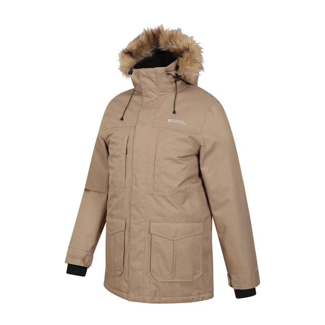 Material: Acrylic, Elastane, Modacrylic, Polyester. Fabric: Microfibre. Design: Logo, Text. Fabric Technology: Breathable, Heat Retention, Insulating, IsoDry, Lightweight, Moisture Wicking, Waterproof. Cuff: Adjustable Wrist Strap, Stretch. Neckline: Hooded. Sleeve-Type: Long-Sleeved. Taped Seams. Hood Features: Drawcord, Faux Fur. Length: Long. Pockets: 2 Chest Pockets, 2 Front Pockets. Fastening: Full Zip, Stormflap, Stud. Waterproof Rating: 5000mm.