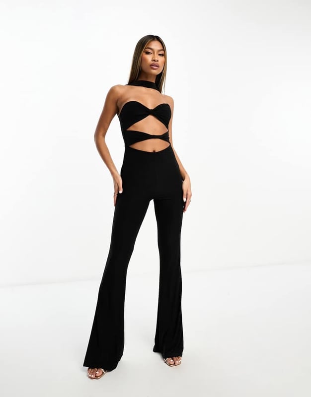 Kaiia slinky choker cut out jumpsuit in black Jumpsuits & Playsuits by Kaiia One-piece wonder Choker detail Cut-out design Sleeveless style Flared leg Slim fitSold By: Asos