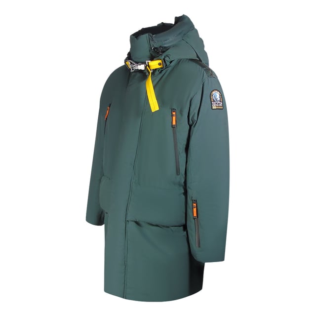 Parajumpers groene jas, twee knoopzakken aan de voorkant, PJS-patch op de linkermouw, 100% polyester jas, donsjack