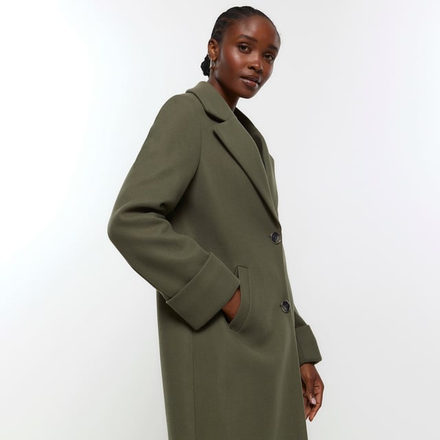 River Island Womens Longline Coat Khaki Wool Blend Roll Sleeve