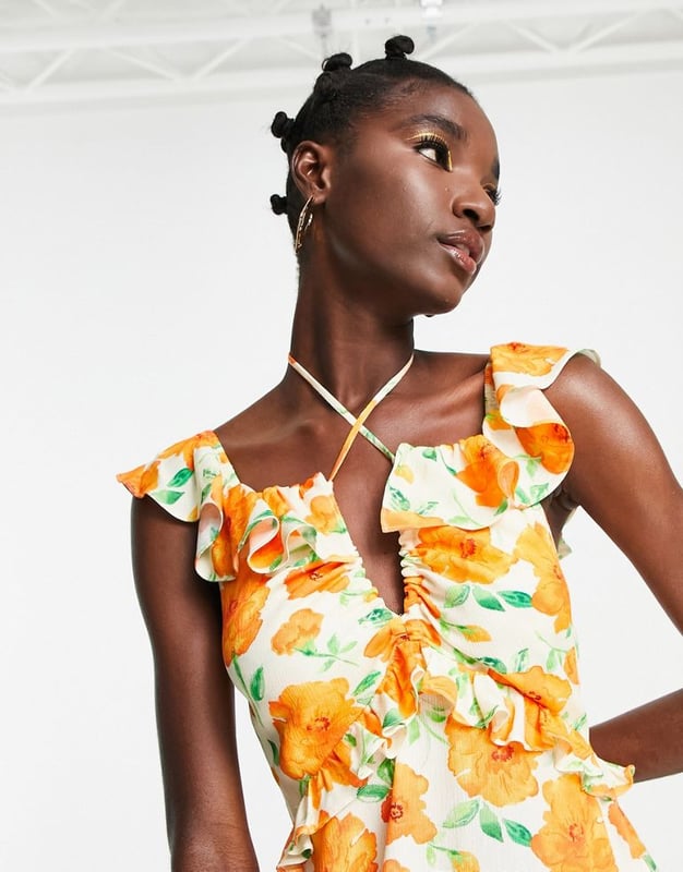 Topshop floral ruffle occasion midi slip dress in orange