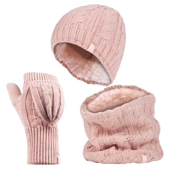 This ladies chunky cable set is knitted in an attractive, soft marl two-coloured twist yarn with a ribbed hem and incorporates the latest Heatweaver thermal lining, a luxurious, plush fur-like insulating fabric, that maximises the amount of warm air held close to the skin. It also feels so soft and silky, They are bliss to pull on when the weather turns colder! Protective Cuff - Improves fit and provides a protective sleeve that hugs the wrist for extra warmth and comfort. Heat Holders Converter Mitt - 2.3 tog Heat Holders' versatile converter mitt can simply fold over the fingers to create a warm and cosy mitten. Heat Holders Hat - 3.4 Tog rating - the tog rating is a measurement for the thermal ability of a garment Neck Warmer - Simply slip over the head with Heatweaver thermal lining, 3.5 tog