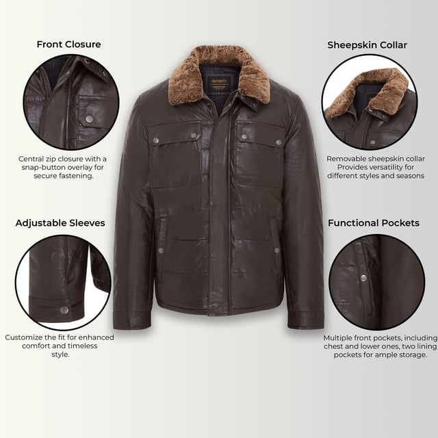 Haz una declaración audaz con nuestra chaqueta de motociclista acolchada de cuero de cordero marrón para hombre. Diseñada tanto para el estilo como para la practicidad, esta chaqueta está confeccionada con cuero de cordero de primera calidad, que ofrece un acabado elegante y lujoso. El cuello de piel desmontable proporciona opciones de estilo versátiles, lo que la hace perfecta para cualquier ocasión. 100% cuero de cordero genuino para una sensación suave y flexible Cuello de piel desmontable para un uso personalizable y una mayor calidez Diseño acolchado acolchado para un mejor aislamiento y una apariencia moderna Utilidad de seis bolsillos: 2 bolsillos abotonados en el pecho, 2 bolsillos laterales abotonados y 3 bolsillos interiores para un almacenamiento seguro Cierre de cremallera frontal con una silueta inspirada en el motociclista Costuras duraderas y costuras reforzadas para una mayor durabilidad Perfecta para salidas informales, viajes o ropa de invierno Esta chaqueta de motociclista acolchada combina un encanto resistente con una sofisticación contemporánea, lo que la convierte en una adición versátil a tu guardarropa. ¡Mantente abrigado y con estilo dondequiera que vayas!
