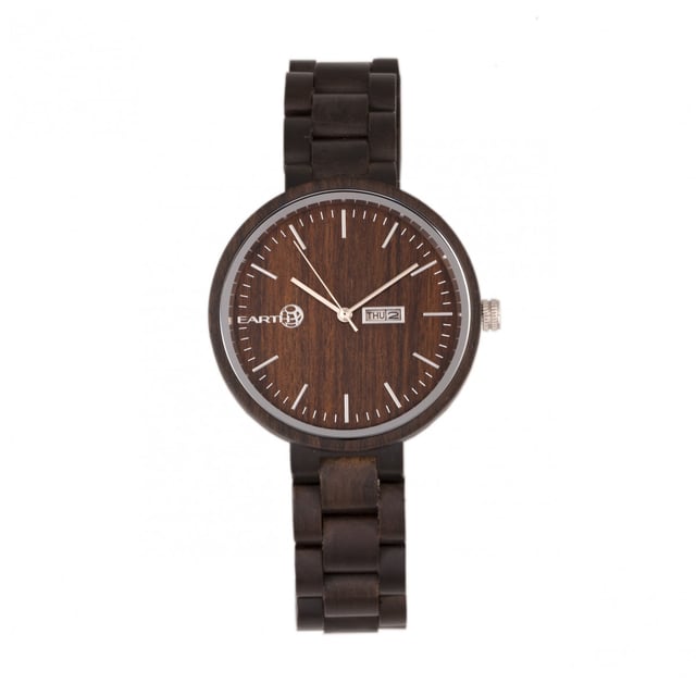 Eco-Friendly Sustainable Wood Case; Quality Japanese Quartz Movement; Non-Glare Scratch-Resistant Mineral Crystal; Logo-Engraved Wood Caseback; Eco-Friendly Sustainable Wood Bracelet; Logo-Engraved Stainless Steel Push-Button Deployment Clasp; Day Display; Date Display; 39mm Diameter; Splash Resistant; Due to Seasons and Aging of Wood  colors may be darker or lighter than pictured.;