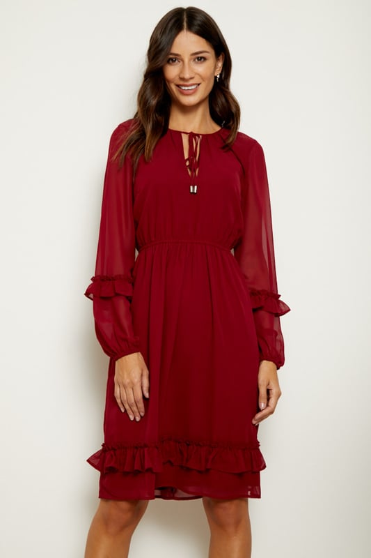 Burgundy Ruffle Trim Fit Flare Dress