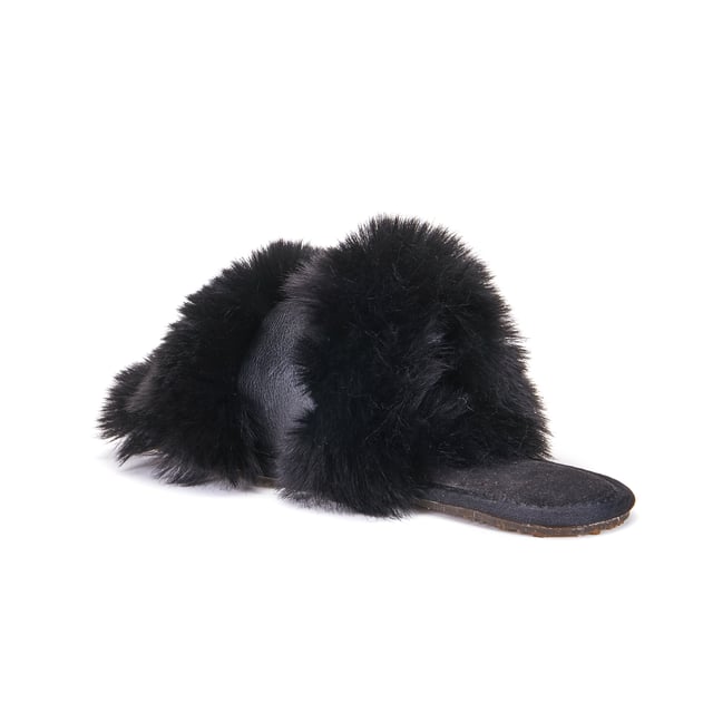 Luxe faux fur/black leather upper
Leather lining
Rubber sole
