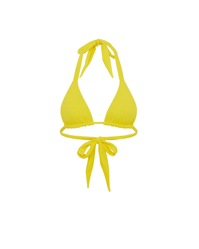 Designed to be worn to be seen, this yellow halterneck triangle bikini top boasts neck and back tie fastenings and drawstring cups for ultimate customisation. Pair with the matching tie-side bikini bottom for full impact.
