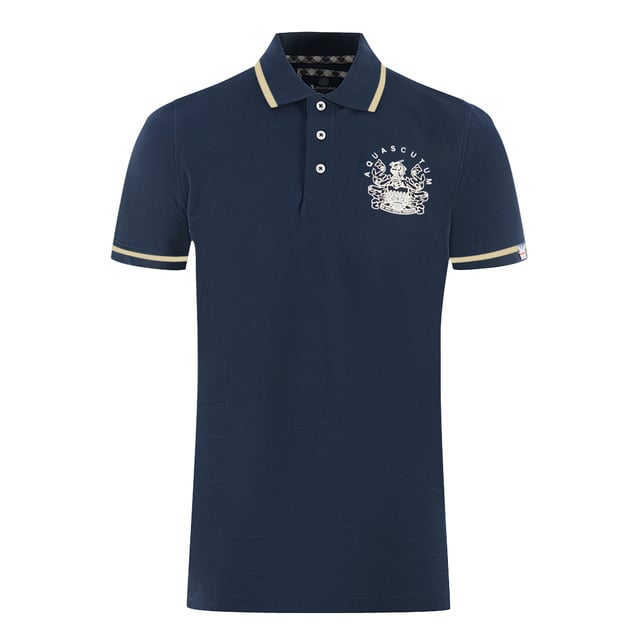 Aquascutum Tipped Aldis marinblå pikétröja. Upplev ren London-elegans med denna Aquascutum Aldis London Logo blå pikétröja. Med en märkeslogotyp kommer denna tidlösa klassiker att ge en touch av raffinerad stil till alla looker. Gör ett uttalande och visa ditt modekunnande med detta utmärkande plagg. Aldis-märke på vänster bröst, polotröja med spets, knappstängning, kortärmad, krage i halsen. 100% bomull, normal passform, passar perfekt i storlek. Brittiskt flaggmärke på vänster ärm, tryckt varumärke på kragen när den är uppvikt. Stilkod: P01023 85