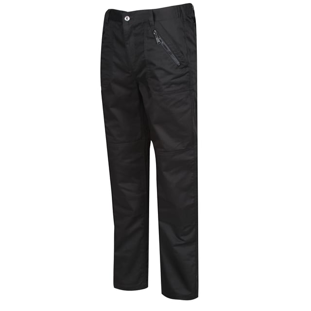 Mens waterproof trousers made of hardwearing Polycotton fabric. Fabric weight 245 g/m2. Water repellent coating. Part-elasticated waist. Knee pad pockets. Belt loops. Zip fly opening. Metal Shank button to CF fasten. 2 front pockets, 1 with small coin pocket. Multi zip pockets. 1 side zipped pocket. 2 back pockets. Reinforced crotch seam. Reinforced seams with triple stitching. 65% Polyester  35% Cotton.
