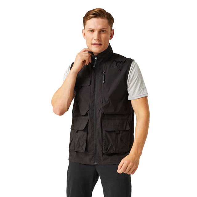 100% Polyester. Fabric: Stretch. Design: Plain. Fabric Technology: DWR Finish, Isoflex, Quick Dry. D-Ring, Packaway. Sleeve-Type: Sleeveless. Neckline: Standing Collar. Pockets: 2 Chest Pockets, Zip, 2 Lower Pockets, Patch, Touch Fastening. Fastening: Full Zip. Hem: Drawcord. Sustainability: Made from Recycled Materials. S: 38 in. M: 40 in. L: 42 in. XL: 44 in. XXL: 48 in. 3XL: 51 in.
