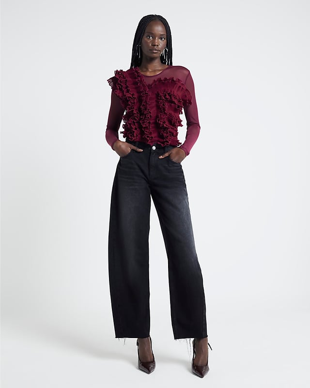 Mesh fabric, Frill detail on body, Crew neckline, Long sleeve