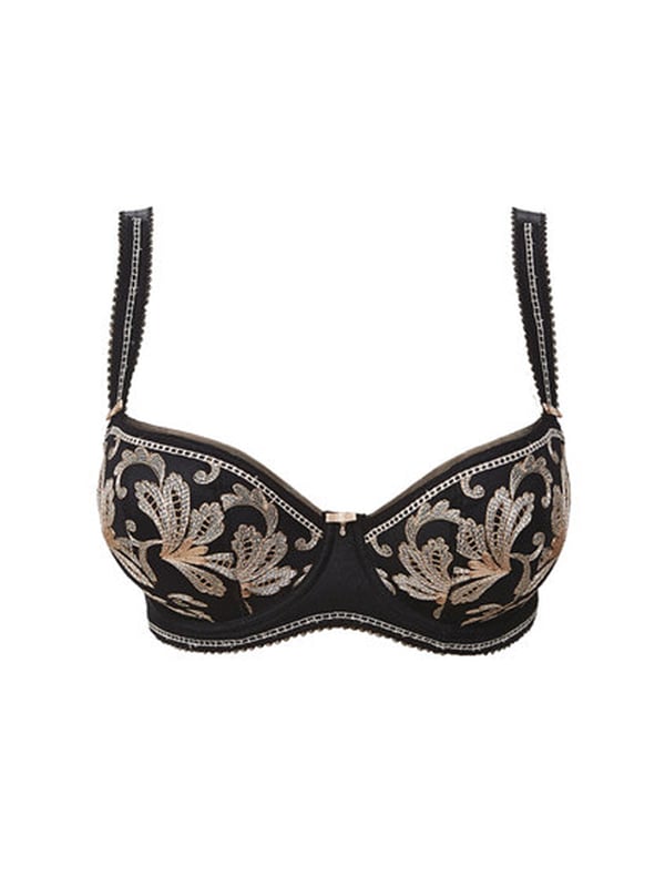 Fantasie Sofia, this luxurious underwired half cup bra features soft padded cups adorned in an indulgent embroidered lace. The padded cups provide a smooth, rounded shape whilst the balconette style offers a flattering fit with a sweetheart neckline. The powermesh side wings provide all day comfort.  Complete with mini loop edge elastic, embroidery detailing on the straps and jewel detail in the centre for an alluring finish.