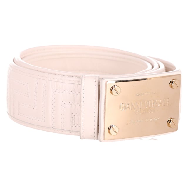 Versace Metal Plate Buckle Belt in White Leather