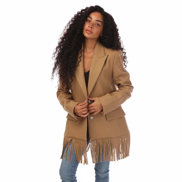 Womens Boss Jelosa Blazer Jacket in beige.- Peak lapel.- Vented sleeves.- Two-button closure.- Fringe hem.- Lining: 54% Viscose  43% Nylon  3% Elastane.- Shell: 72% Wool  25% Nylon  3% Cashmere.- Ref: 50488791260