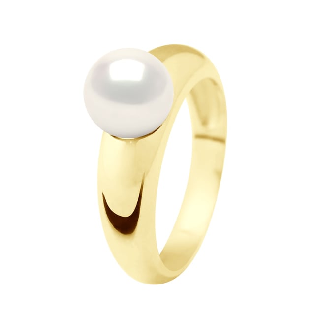 Ring - Yellow Gold - Real Cultured Freshwater Pearl Round 8-9 mm - COLOR NATURAL WHITE - available Size even numbers from 48 to 62 - Delivered with Certificate of Authenticity and International Guarantee - MADE IN FRANCE