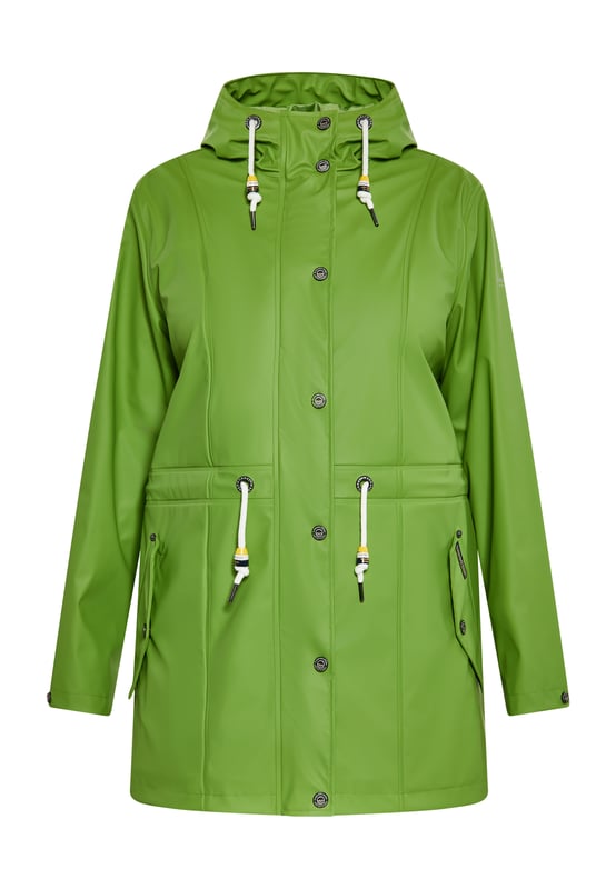Ontdek de ultieme soepele regenjas voor je outdooravonturen. Dit stijlvolle parka-jack heeft een relaxte pasvorm, een capuchon met trekkoord en een ritssluiting aan de voorkant voor bescherming. Met een drukknoopsluiting, klepzakken en een trekkoord in de taille is hij functioneel en toch chic. Jas met hoge kraag voor extra bescherming. Gemaakt van waterdicht materiaal met gelaste naden, waterdicht tot 3000 mm. Dit artikel maakt deel uit van de Plus Size Collectie.  Ronde regenjas
