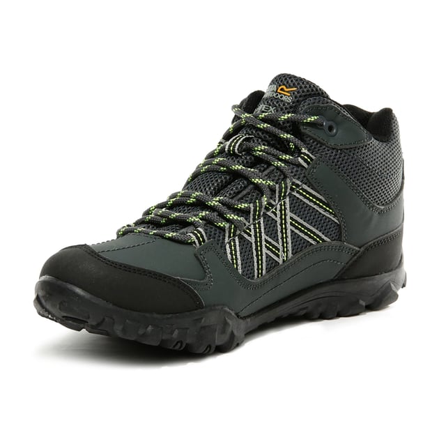 Regatta Childrens/Kids Edgepoint Boots (Briar Grey/Electric Lime) Upper: PU (Polyurethane). Insole Material: Synthetic. Outsole: TPR. Sole Features: Durable. Fastening: Lace Up. 5 Eyelets. Fabric Technology: Breathable, Hydropel, Isotex, Lightweight, Slip Resistant, Water Resistant. Comfort Footbed, Hardwearing, Padded Collar, Stabilising Shank. Low Heel. Cut: Low Cut. Design: Lace.