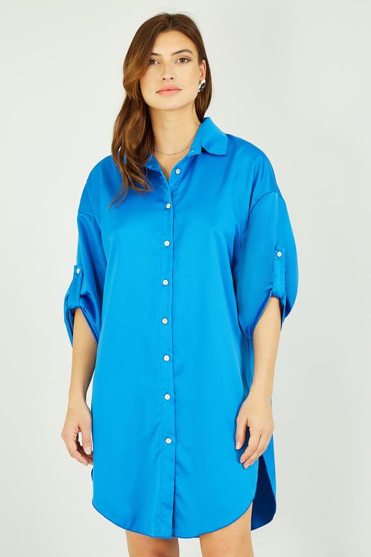 Mela Cobalt Blue Satin Relaxed Shirt Dress