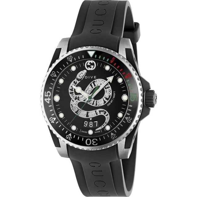 Product Code: 17371427Manufacturer Product Number: YA136323Category: WatchesBrand: GucciWatch Markers: DotsWater Resistant: 200 MetresRecipient: UnisexMovement: QuartzCase Material: Stainless SteelDial Colour: BlackStrap Material: RubberDiameter: 40mmBrand Collections: Gucci Dive