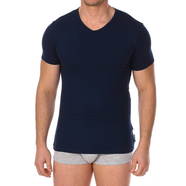 Bikkembergs short sleeve t-shirt.
 V-neck with ribbed finish.
 Fabric label personalized by the brand on the back of the neck.
 Comfortable and breathable fabric.
 Seams seen in tone.
 Composition: 95% Cotton, 5% Elastane
 Care:
Care:
 -Wash at max temperature. 40ºC.
 -Do not use bleach.
 -Supports dry cleaning.
 -Allows you to use a dryer.
 -Iron at max temperature. 130ºC.