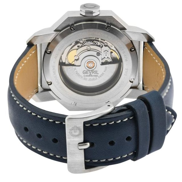 As adventurous as its namesake, the Canal Street Collection by Gevril captures the energy of this bold, buzzing New York City street in a new signature series of watches. Downtown Manhattan is as known for the enduring high fashion as it is for edgy street style. Balanced between the hip Chelsea neighborhood and upscale SoHo, no thoroughfare represents this juxtaposition better than the bustling Canal Street. In this series of diver watches by Gevril, luxe details, precision design, and robust styling combine, featuring precision Swiss Automatic movement.   Gevril 46502 Men's Canal St Automatic Watch

Gevril Men's Canal St Automatic Watch
44mm Octagon 316L Stainless Steel Case Blue Dial with Exhibition Case Back Window
Date at 3H, Silver Indices applied on dial
Genuine Blue Leather Strap with Tang Buckle
Anti-reflective Sapphire Crystal
Water Resistant to 50 Meters/5ATM
Swiss Made Automatic, Sellita SW200 Movement