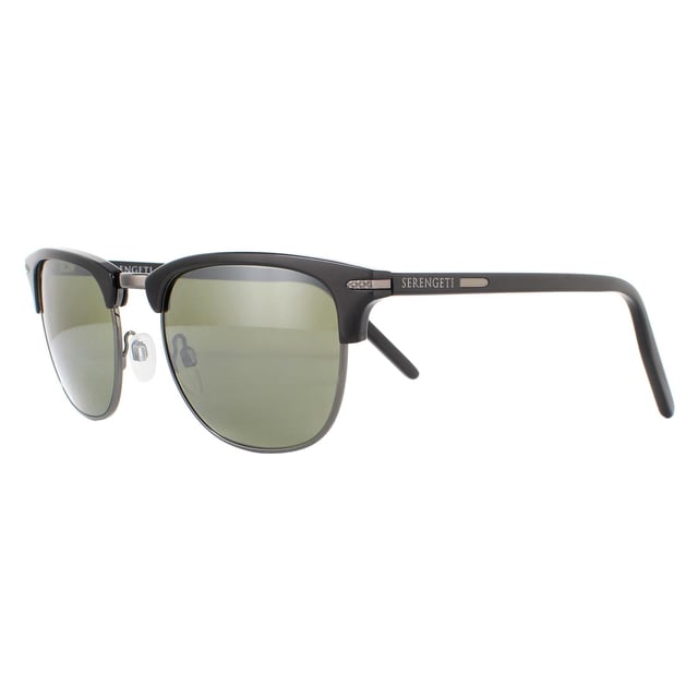 Serengeti Sonnenbrille Alray 8943 Shiny Dark Gunmetal Black Mineral Polarized 555nm Green ist ein klassischer Clubmaster-Stil, ausgestattet mit den ausgezeichneten photochromatischen Gläsern, für die Serengeti bekannt ist. Der Rahmen aus Acetat und Metall weist ein Muster an der Brücke und Metalleinsätze an den Seiten des Rahmens auf. Die ultraleichten mineralischen Gläser bieten die hervorragende spektrale Kontrolle und die photochromatische Technologie, die Serengeti von anderen abhebt.