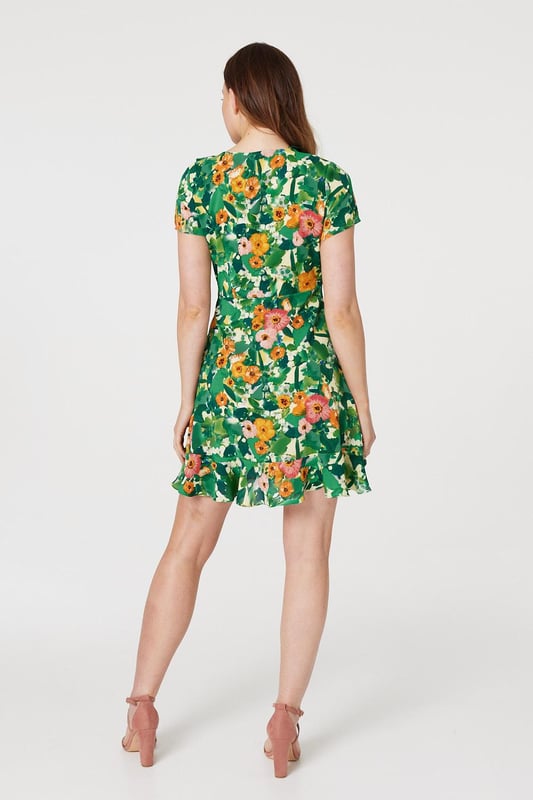 Green Floral V-Neck Short Skater Dress