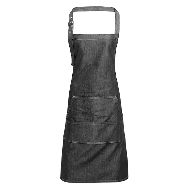 Pack of 2. Denim bib apron with contrast stitching. Adjustable buckle on the neckband. Copper rivets. Four pocket compartments. 86cm long and 72cm wide. Washing Instructions Domestic wash 60c, Industrial laundry 85c. Fabric 70% Cotton, 30% Polyester twill.
