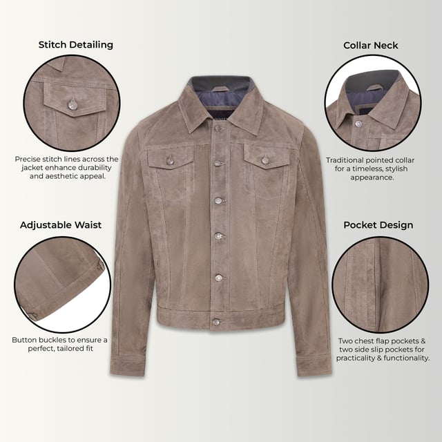 Introducing the epitome of rugged yet refined style, the Goat Suede Leather Denim Jeans Jacket. This unique jacket combines the durability of denim with the luxurious texture of goat suede, resulting in a striking and versatile piece. With a pointed collar and flap pockets on the chest, it exudes a classic and timeless appeal. The jacket also features two additional pockets on the lining for convenient storage options. Available in three captivating colours, it offers a range of options to suit different tastes. Expertly crafted and designed, this jacket effortlessly blends comfort, durability, and fashion-forward style. Whether worn casually or dressed up, the Goat Suede Leather Denim Jeans Jacket is sure to make a statement wherever you go.

• Pointed collar for a classic and versatile look

• Flap pockets on the chest for added style and functionality

• Two pockets on the lining for convenient storage