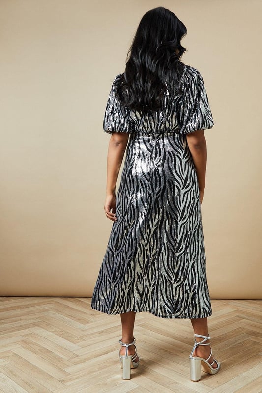 Occasion Zebra Sequin Puff Sleeve Midi Dress