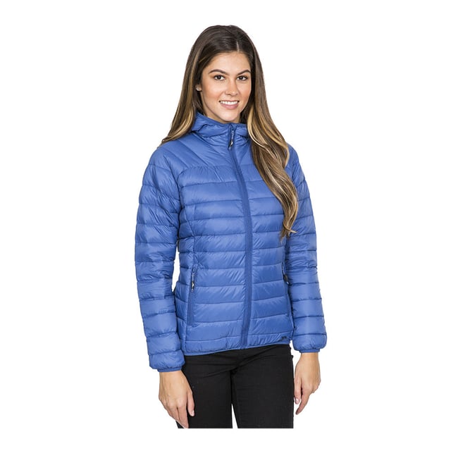 Ultra lightweight jacket with grown on hood and 2 lower zipped pockets. Low profile front zip. Stuff sack in pocket. Matching binding at hood, cuffs and hem. Shell: 100% polyamide. Lining: 100% polyamide. Filling: 90% down, 10% feathers. Trespass Womens Chest Sizing (approx): XS/8 - 32in/81cm, S/10 - 34in/86cm, M/12 - 36in/91.4cm, L/14 - 38in/96.5cm, XL/16 - 40in/101.5cm, XXL/18 - 42in/106.5cm.