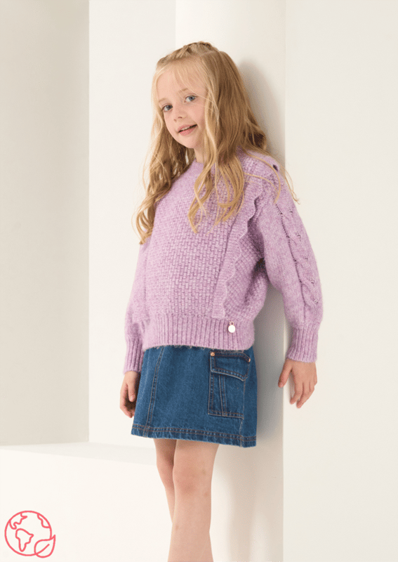 We   this jumper a lot! Super soft fluffy yarn with scrumptious scallop detailing. wear with denim or cargos. You'll be begging for a cold snap. About me: 33% Polyester 37%Polyester 20%ACRYLIC 10%Nylon Angel & Rocket cares: I am made with Recycled Polyester Look After Me: Think Planet. Wash At 30C.