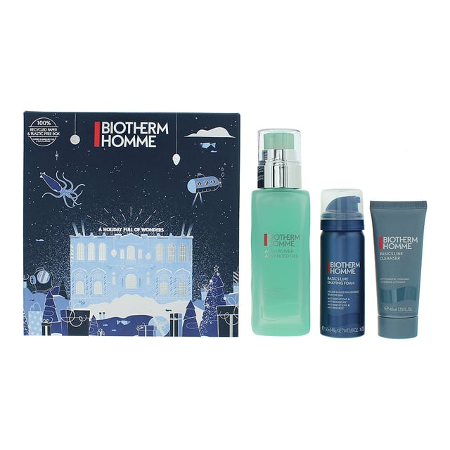 Biotherm Homme Aqua Power 3 Piece Gift Set is a complete skincare collection designed specifically for men's grooming needs. The Cleansing Gel is a refreshing facial cleanser that effectively removes impurities, excess oil, and dirt from the skin. Enriched with minerals and moisturising agents, it helps to maintain the skin's natural balance, leaving it clean, refreshed, and revitalised. The Shaving Foam provides a rich and creamy lather that ensures a smooth and comfortable shave. Its formula softens the beard hair, allowing for a close and precise shave while minimising irritation and razor burn. The foam also helps to moisturise and soothe the skin, leaving it feeling soft and hydrated. The Aqua Power Moisturiser is a lightweight and hydrating gel that delivers long-lasting moisture to the skin. Together, these products provide a complete skincare routine that addresses the specific needs of men's skin. They help to cleanse, prepare, and hydrate the skin, ensuring a comfortable and refreshing grooming experience.