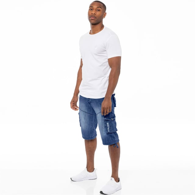 Kruze Mens Cargo Combat Denim Shorts. 7 Pockets Including Coin Pocket, Cut and Sew Design, Contrast Stitching, Button Fly Fastening, Branded Buttons and Rivets, Adjustable Drawstring to Hems, Ideal for Casual and Work Wear, Available Colours: Dark Wash, Grey, Light Stonewash, Mid Stonewash.