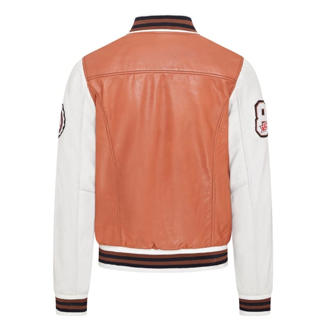 Introducing the Men's Baseball Leather Jacket, a perfect blend of classic varsity style and modern craftsmanship. This letterman bomber jacket features contrasting sleeves and a striped knit ribbed collar, waistband, and cuffs for a timeless athletic look. The press studs front closure and embroidered brand logo patches on the chest and sleeves add a touch of authenticity and flair. Designed with practicality in mind, it includes two jet pockets at the waist and two inside welt pockets for your essentials. The panelling to the back of the jacket ensures a tailored fit and superior comfort.

Contrasting sleeves for a stylish look
Striped knit ribbed collar, waistband, and cuffs for a classic finish
Press studs front closure for easy wear
Embroidered brand logo patches on the chest and sleeves for added detail
Two jet pockets at the waist and two inside welt pockets for convenience
