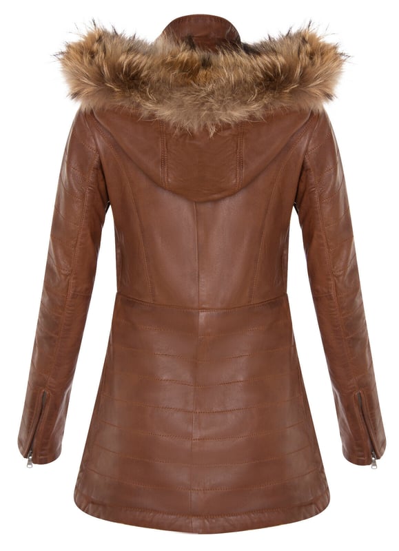 Elevate your winter wardrobe with our slim-fit Women's Leather Parka Jacket, a perfect choice for staying warm and stylish in colder weather. Crafted from 100% premium ultra-soft nappa leather, this jacket offers a luxurious and comfortable feel. Here's what sets it apart:

Detachable Fur-Lined Hood: The jacket features a detachable fur-lined hood, providing both warmth and an exuberant look that adds a touch of sophistication to your winter attire.
Functional Zip Pockets: Four zip pockets on the jacket front, tabbed for easy opening, offer secure and convenient storage for your essentials.
Luxurious Quilted Detailing: Quilted detailing on the sleeves and waist adds a touch of luxury and texture to the jacket's design, enhancing its visual appeal.
High Stand Collar: The high stand collar, fastened with press studs, not only keeps you warm but also adds a chic and elegant element to the overall look.
Zipped Cuffs: Zipped cuffs provide added adjustability and style, allowing you to customize the sleeve length according to your preference.
This Women's Leather Parka Jacket combines fashion, functionality, and premium quality, making it a must-have addition to your winter wardrobe for a chic and cozy look.