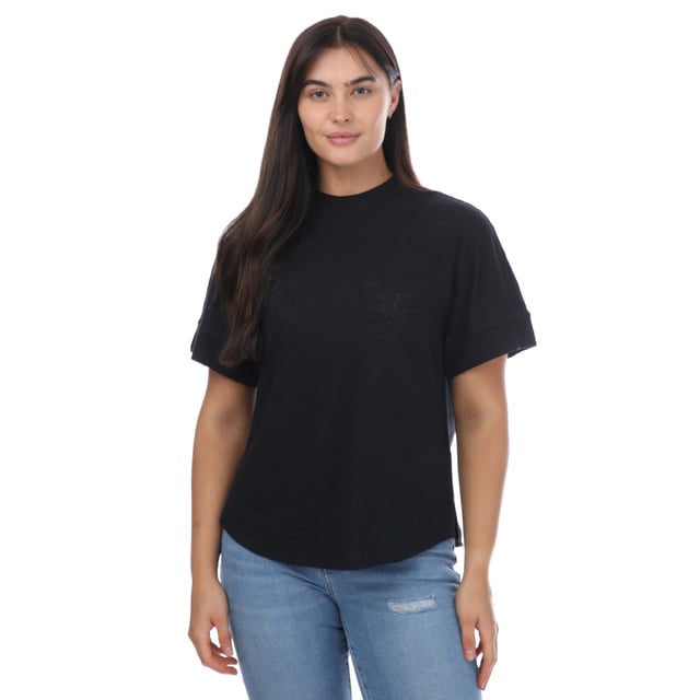 Womens Ted Baker Kcarina Jersey T-Shirt in black.Relaxed comfort isn’t for indoors only. KCARINA is here to ensure it can be experienced wherever you are. Sporting a loose fit with mid-length sleeves and a lower back  having one of these to hand ensures you always have something to throw on for ease  while still looking stylish. Pair with everything from jeans to joggers for a casual look for all occasions.- Round neck.- Mid-length sleeves.- Low back.- Loose fit.- 53% Linen 47% Cotton.  Machine washable.- Ref: 256784BLACK