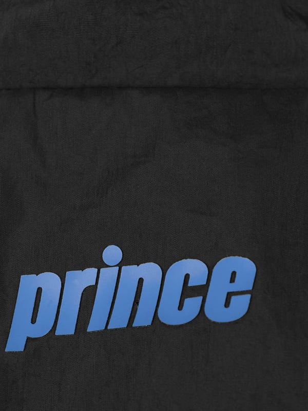 A casual but sporty baseline track jacket by Prince Off Court. This jacket features gel print Prince on the sleeves with contrast blue stripes on the front body of the jacket and on the sleeves. Made with 100% nylon with a gel print. Wash on a delicate cycle. Be sure to turn it inside out to protect the gel print letters.
