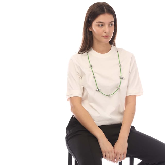 Womens Ambush Stoppers T-Shirt in cloud dancer.- Ribbed crew neck.- Short sleeves.- Detachable cord necklace with stopper detailing.- Embroidered logo at left chest.- Fabric: 100% Cotton.  Rib: 100% Cotton.  Details: 100% Polyester.  Machine washable.- Ref: BWAA0310010202