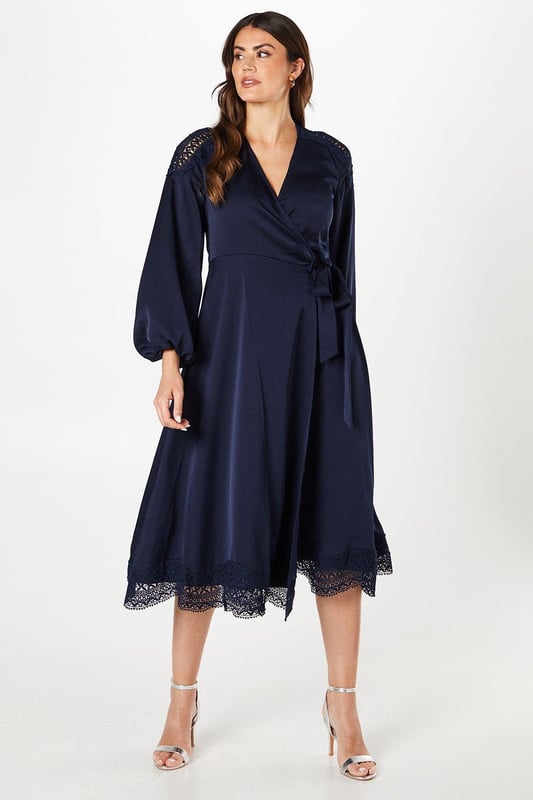 chinese dress ladies Cami Angel Sleeve Faux Wrap Dress Lace Baby Blue