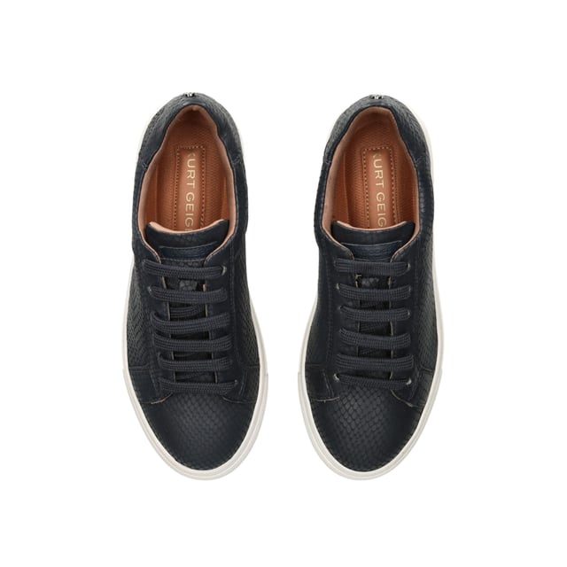 The KGL Dulwich sneaker is crafted from a navy snake effect leather with classic lace up front. The sock is padded with soft memory foam and the sneaker features a textile lining making it great for everyday wear.  The ankle is finished with metallic snake embossed panels featuring the gold KGL stud.