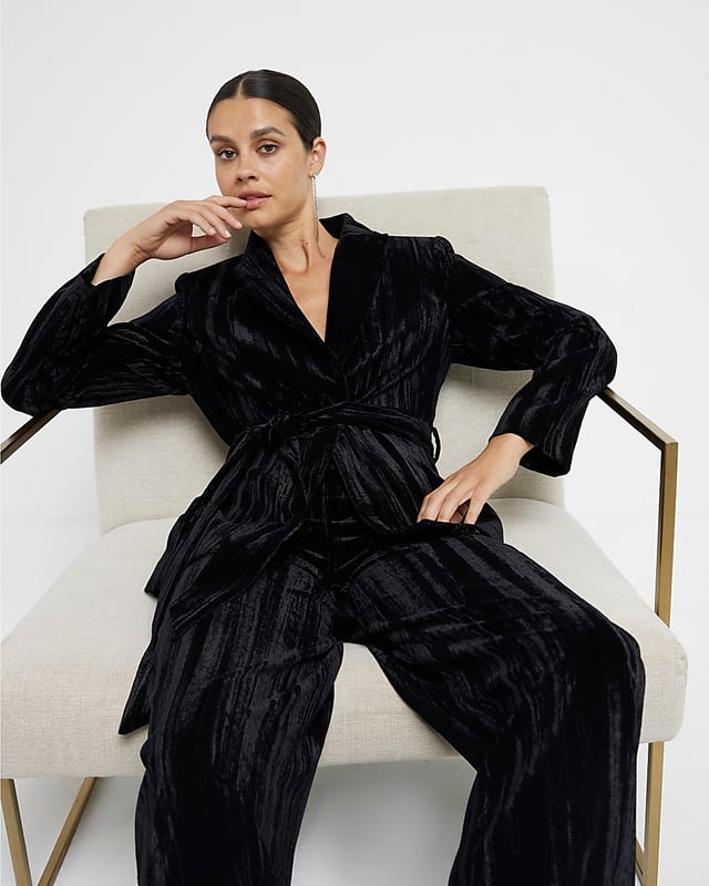 Velvet fabric, Wrap detail, Belted, Long sleeves, Button fastening, Front pocket