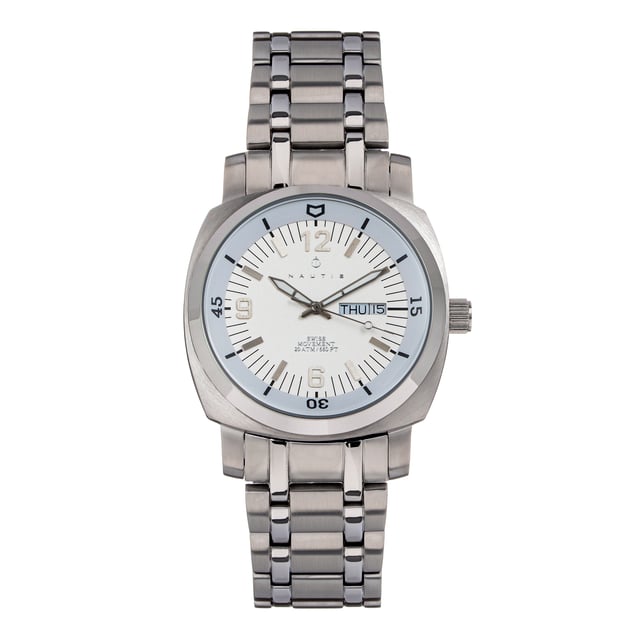 316L Surgical-Quality Stainless Steel Case; Accurate Swiss Quartz Movement; Non-Glare Scratch-Resistant Mineral Crystal; Logo-Engraved Stainless Steel Caseback; 316L Surgical-Quality Stainless Steel Bracelet; Logo-Engraved Stainless Steel Fold-Over Push-Button Deployment Clasp; Luminous Hands; Day Indicator; Date Indicator; 45mm Case Diameter; 20 ATM Water Resistance (Professional Deep Diving Approved);
