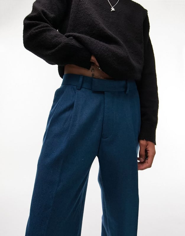Topman relaxed wool mix trousers in blue Green