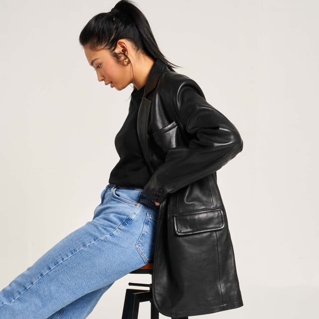Barneys Originals Real Leather Oversized Blazer In Black.