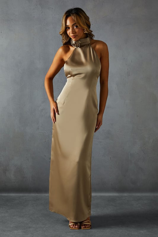 Satin Corsage Halterneck Low Back Maxi Dress