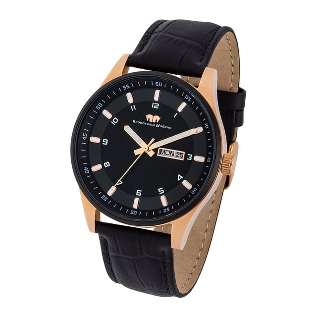 This model of the Rhodenwald & Sons manufacture is a place in every watch collection timeless, functional and versatile. The well -designed wristwatch does without superfluous additional functions and deliberately reduces the design to the basic elements of a timepiece: strokeindices with Arabic numerals, sword suits, an all -round minuteery and a date display are the focus of the dark dial. A stainless steel housing with screwed floor and IP coating in rose gold and a real leather strap with a trendy crocodile round off the high-quality equipment.