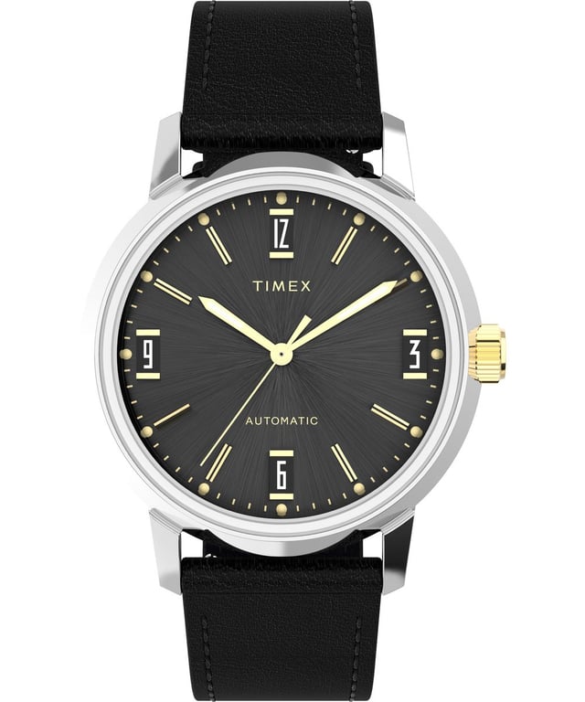 This Timex Marlin Automatic Analogue Watch for Men is the perfect timepiece to wear or to gift. It's Silver 40 mm Round case combined with the comfortable Black Leather watch band will ensure you enjoy this stunning timepiece without any compromise. Operated by a high quality Automatic movement and water resistant to 5 bars, your watch will keep ticking.