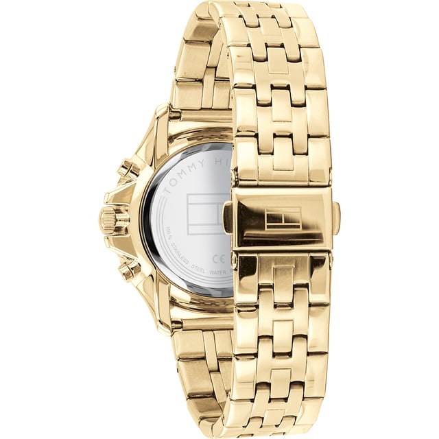 Diese Tommy Hilfiger Harper Multi Dial Uhr für Frauen ist das perfekte Zeitmessgerät zum Tragen oder Verschenken. Das goldene 38 mm runde Gehäuse in Kombination mit dem bequemen goldfarbenen Edelstahl sorgt dafür, dass Sie dieses atemberaubende Zeitpiece ohne Kompromisse genießen können. Angetrieben von einem hochwertigen Quarzwerk und wasserfest bis 3 bar, wird Ihre Uhr weiterhin präzise ticken. Diese elegante und praktische Uhr ist perfekt für alle Anlässe. Sie ist ein tolles Geschenk für Ihre Verwandten und Freunde - Die Uhr verfügt über eine Kalenderfunktion: Tag-Datum, leuchtende Zeiger, 24-Stunden-Anzeige. Hochwertiges Armband aus goldfarbenem Edelstahl mit einer Länge von 19 cm und einer Breite von 17 mm sowie einer Klappschließe mit Druckknopf. Gehäusedurchmesser: 38 mm, Gehäusehöhe: 8 mm, Gehäusefarbe: Gold und Zifferblattfarbe: Silber.